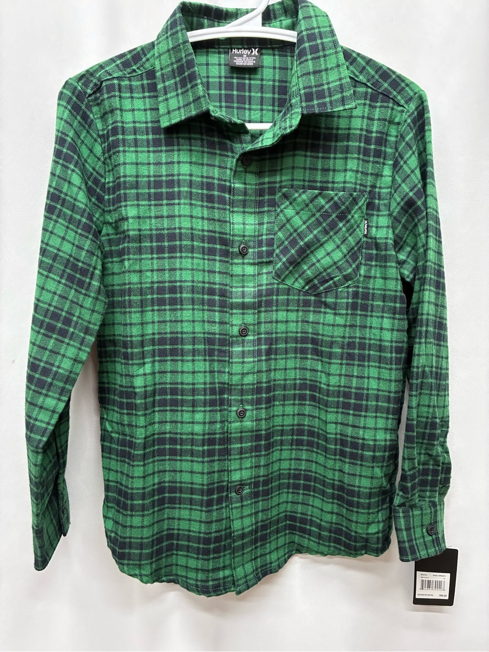 Hurley boys flannel shirt plaid size medium 10-12 pine green long sleeve NWT